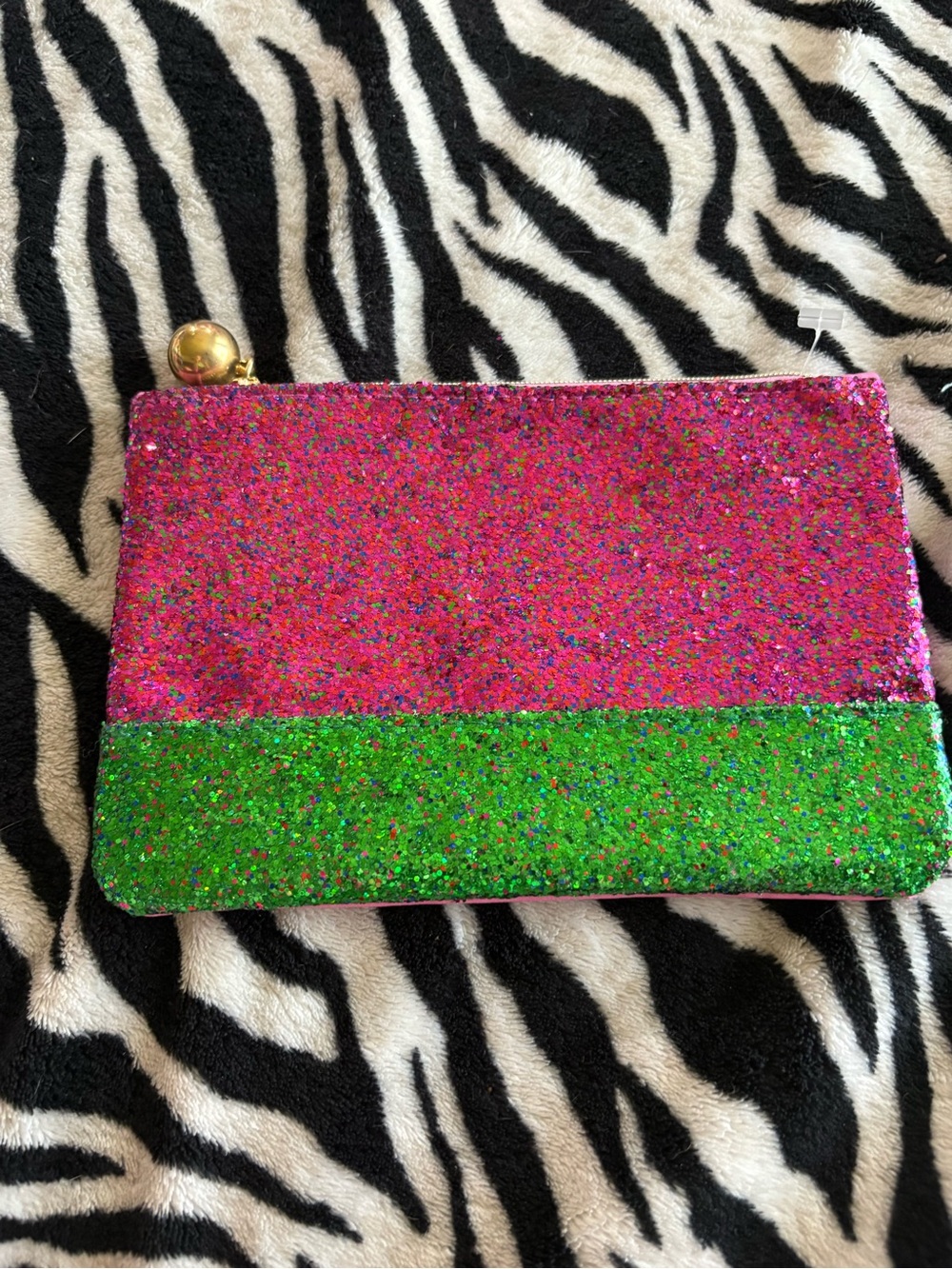ipsy Hot Pink and Bright Green Glitter Cosmetic Pouch with Gold Pull